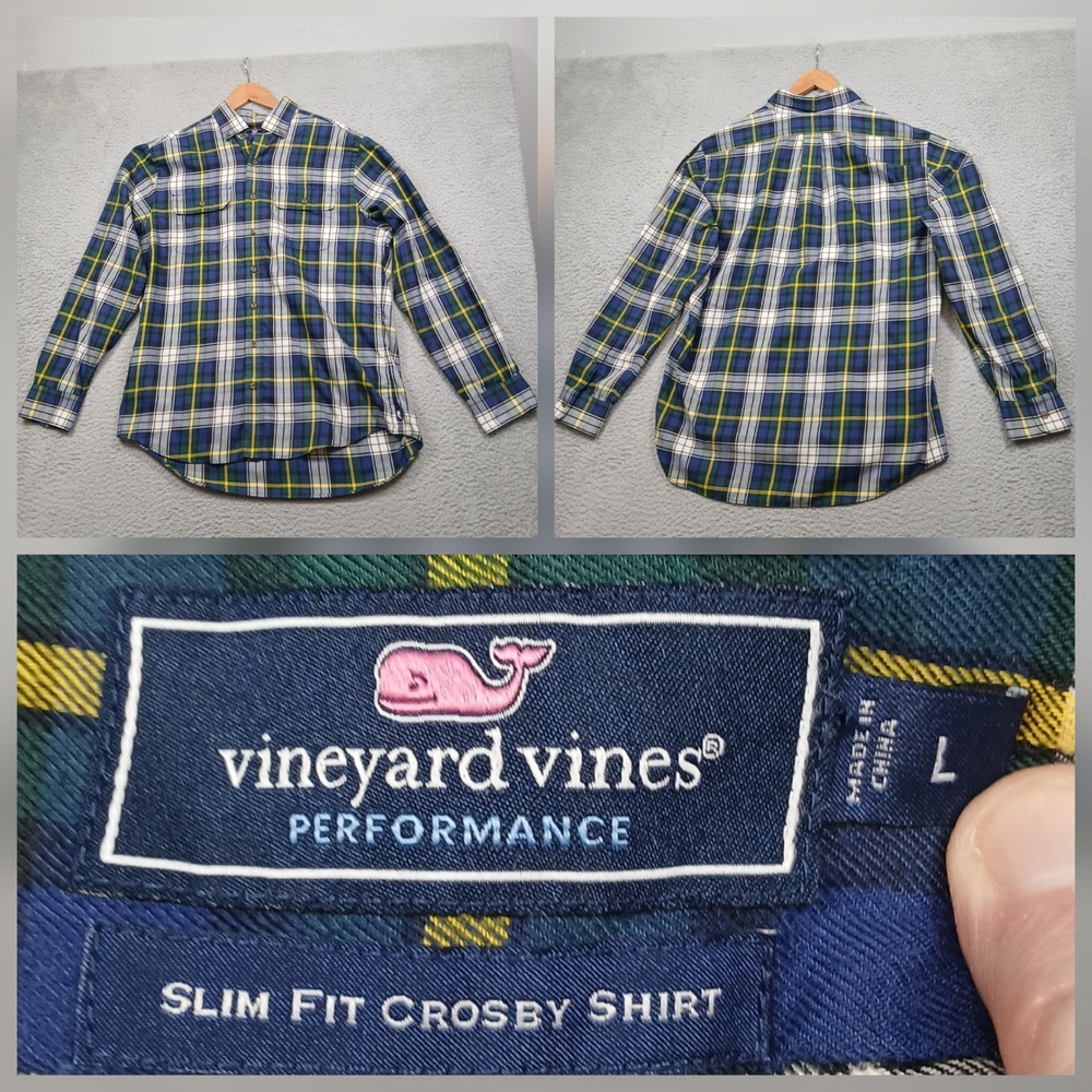 Vineyard Vines Crosby Shirt Men L Performance Slim Fit Blue Plaid